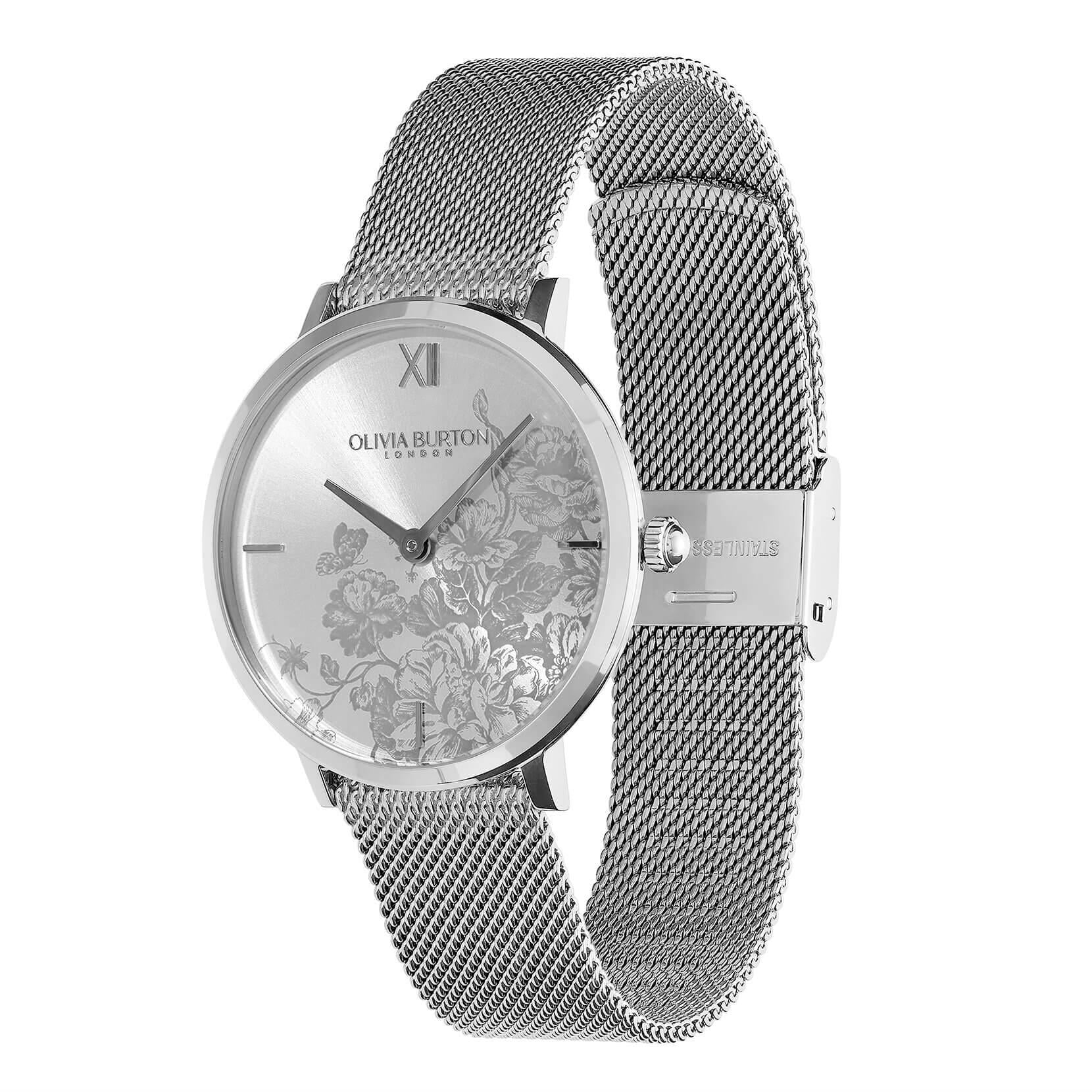 Floral Blooms Ultra Slim Silver Mesh Watch