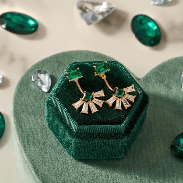Lola Art Deco Fan Jacket Earrings In Emerald CZ & Gold