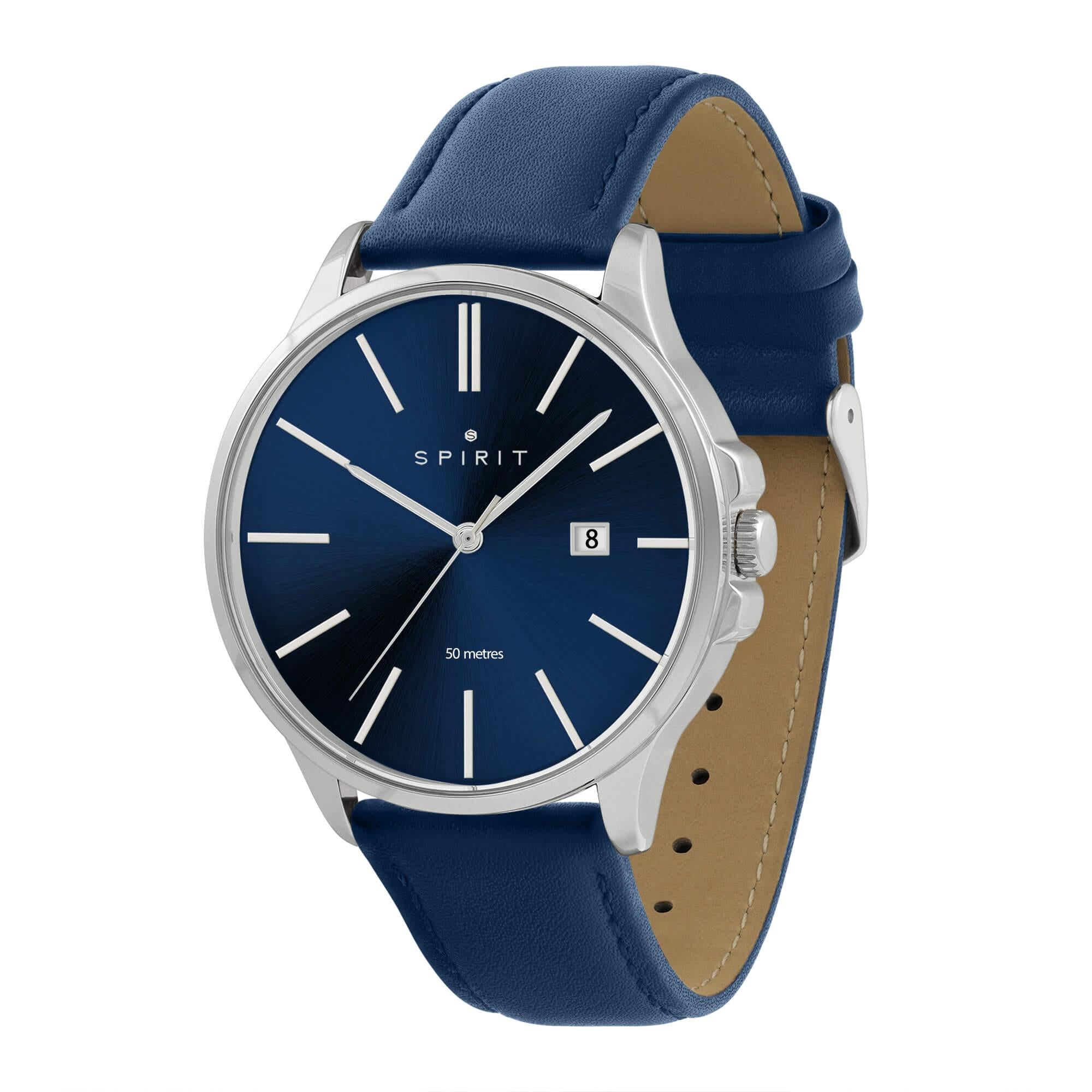 Gents Classic Polished Silver Leather Watch in Navy