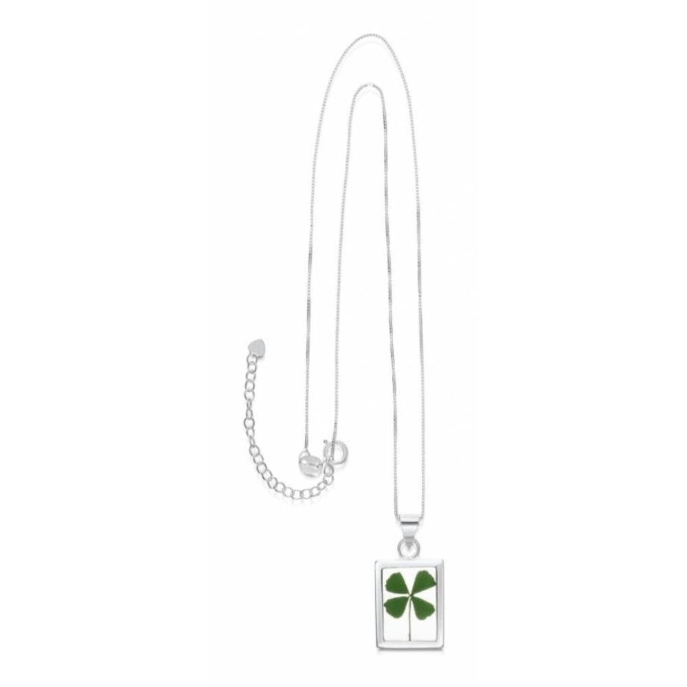 Silver Pendant - Four Leaf Clover - Chunky Rectangle