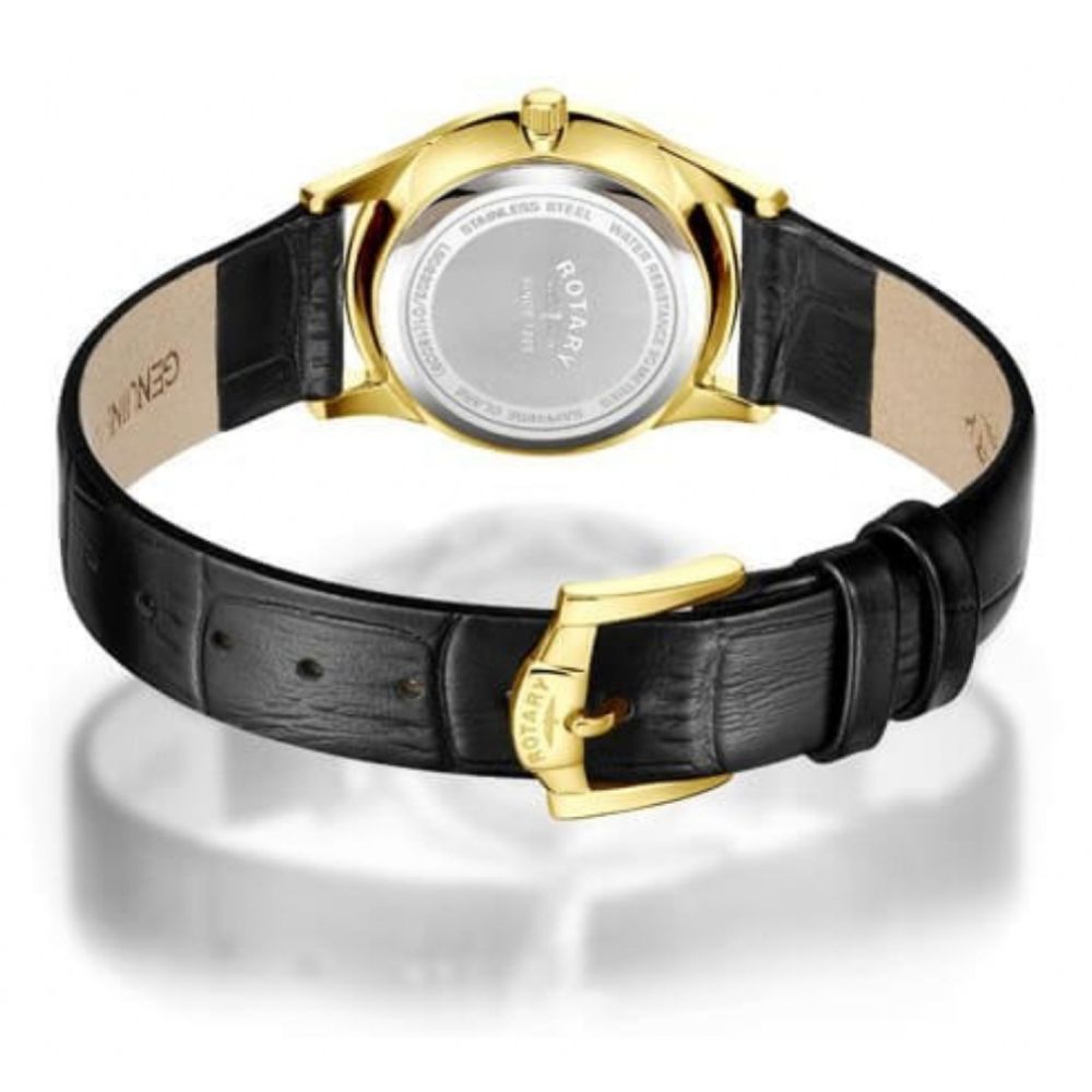 Ultra Slim Gold Tone Stainless Steel White Dial With Black Leather Strap Ladies Watch