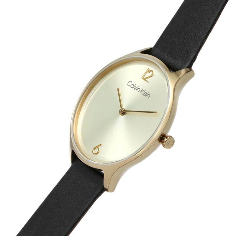 2H Gold Sunray Dial Black Leather Strap Ladies Watch
