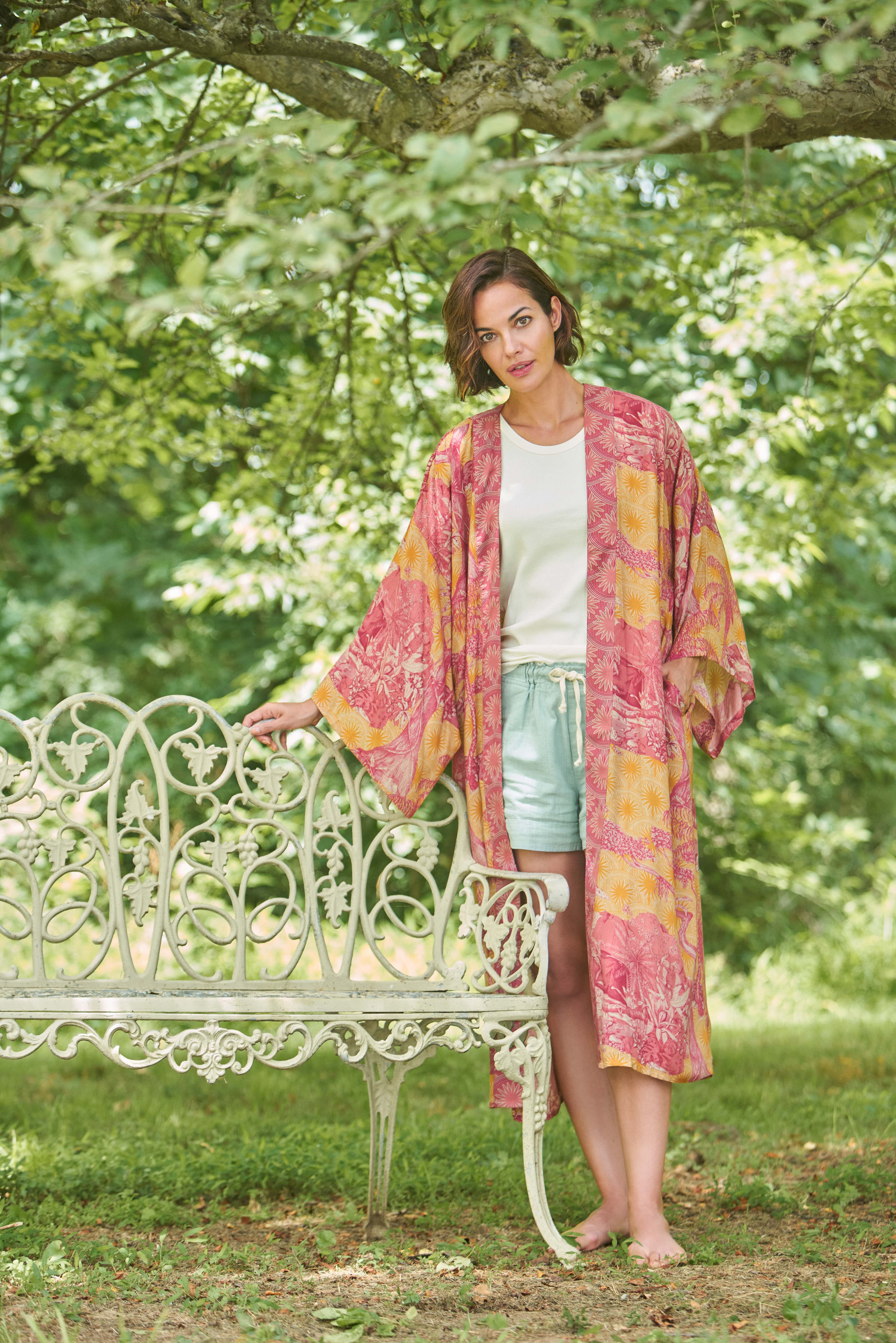 Tropical Toile Kimono Gown - Pineapple & Raspberry