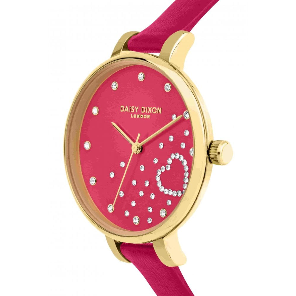 Pink Skinny Leather Strap With Pink Stone Set Dial Ladies Watch