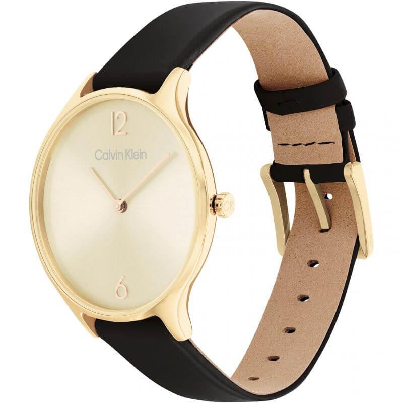 2H Gold Sunray Dial Black Leather Strap Ladies Watch