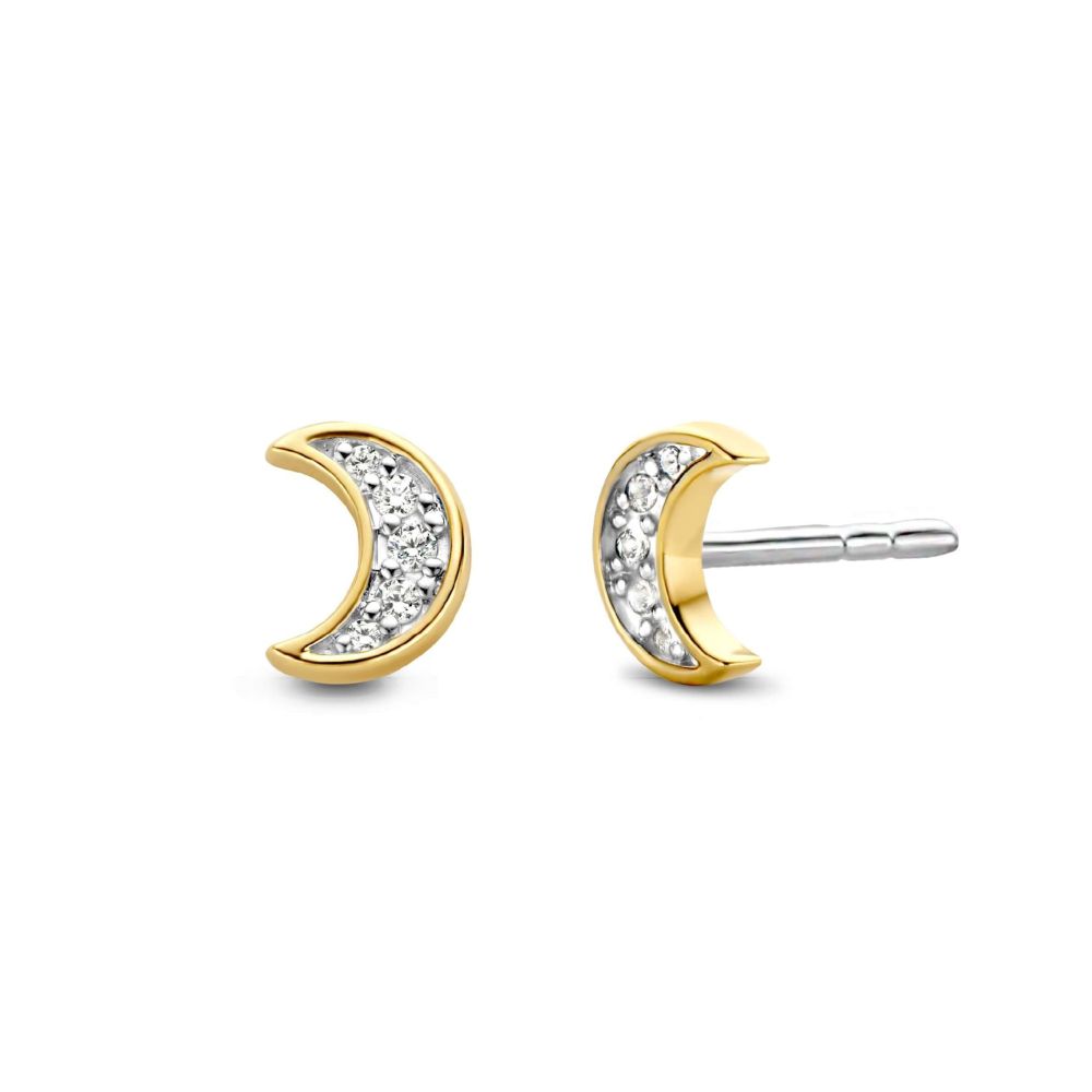 Two Tone CZ Gold Plated CZ Moon Earrings