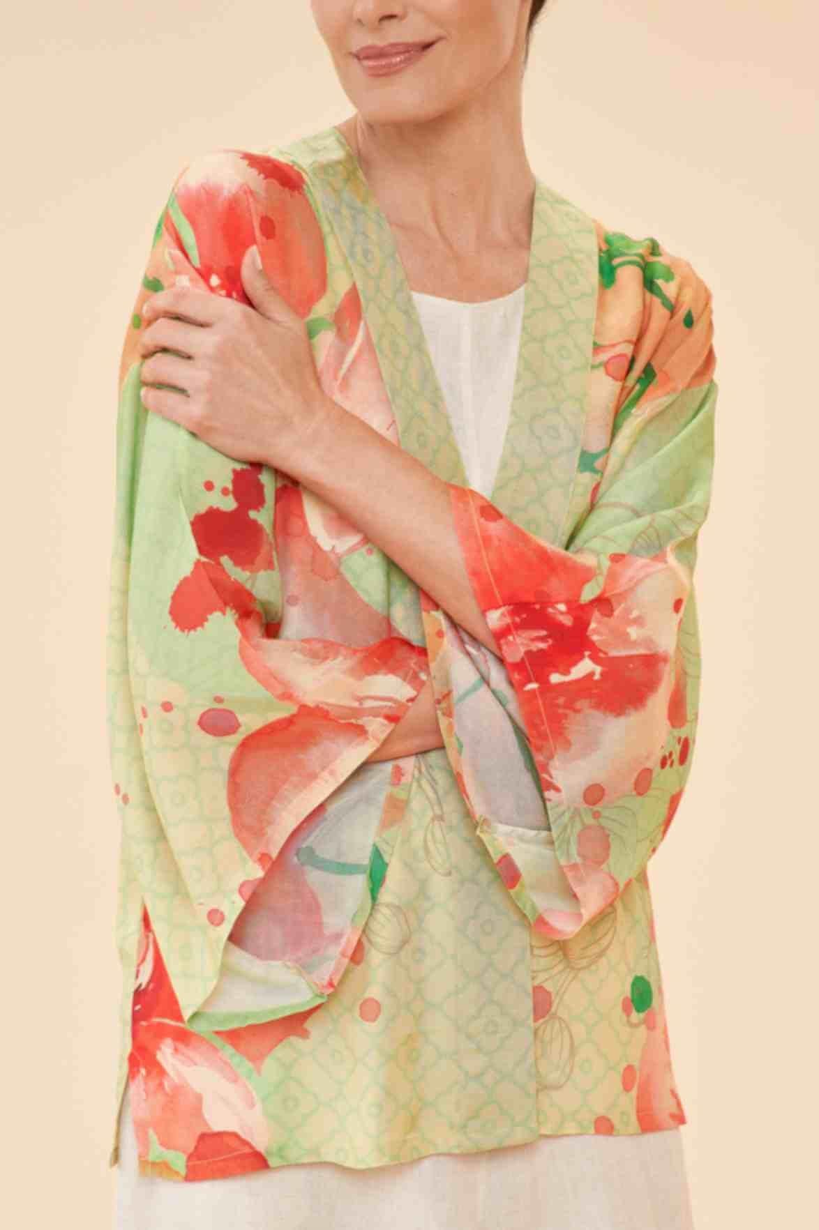 Watercolour Orchids Kimono Jacket - Green