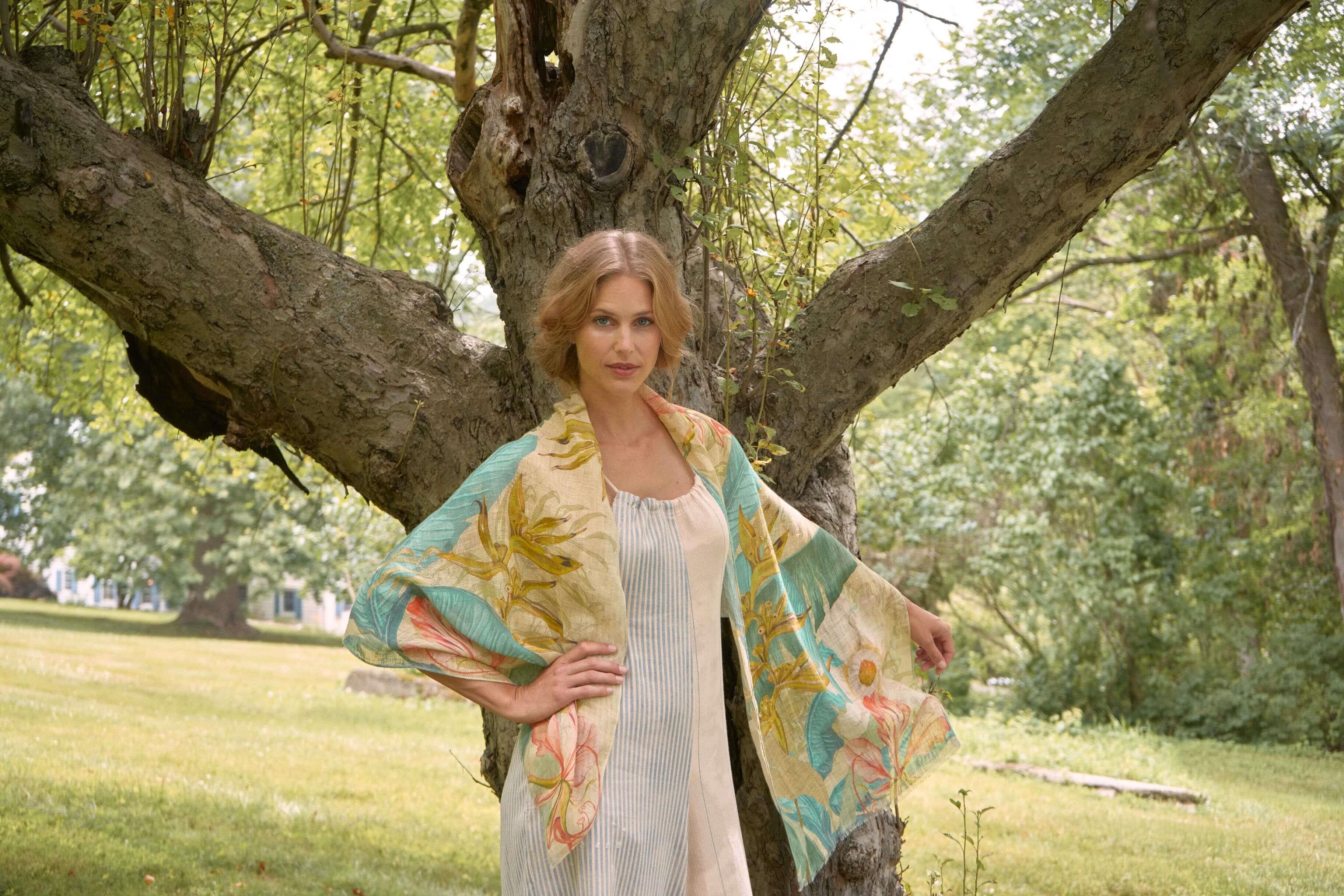 Delicate Tropics Linen Print Scarf- Sage