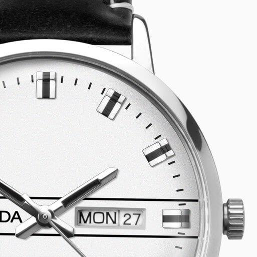 Silver Case With Silver Dial & Black Leather Strap Men's Heritage Watch