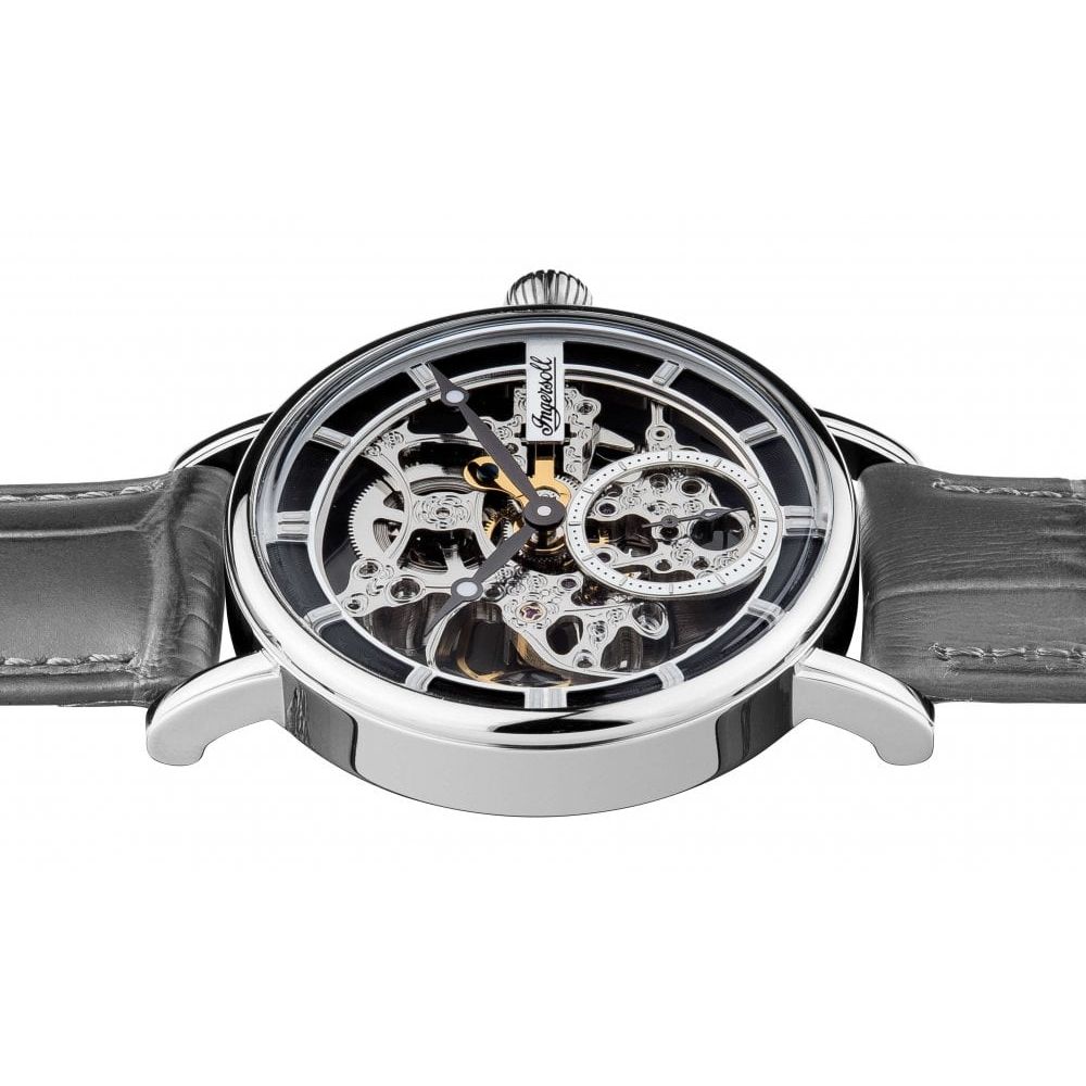 Mens The Herald Automatic Watch with Skeleton Dial and Grey Leather Strap