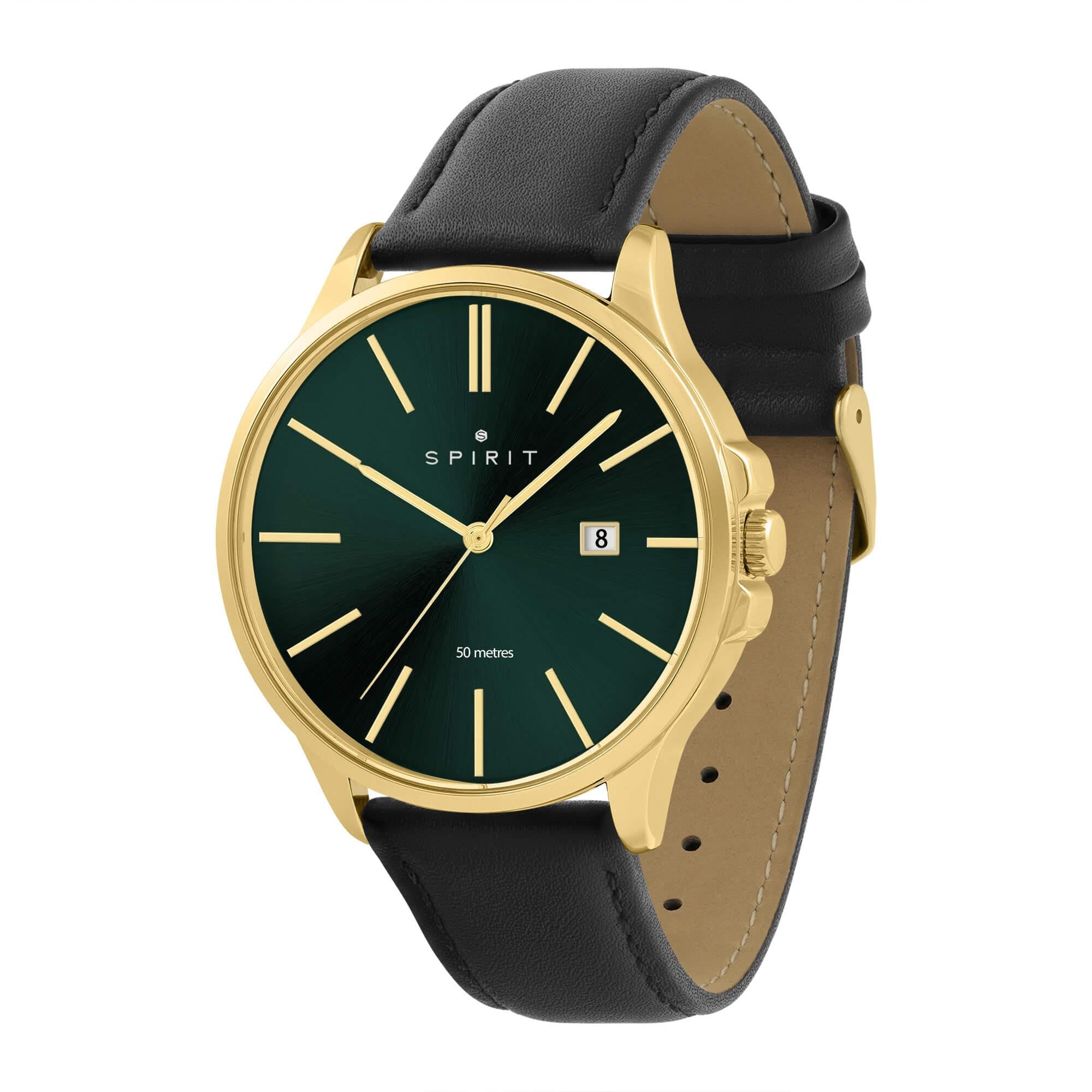 Gents Classic Polished Gold Leather Watch in Black