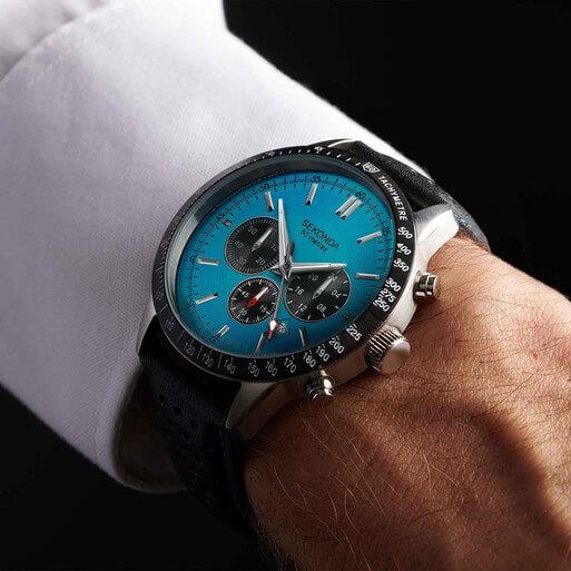 Velocity Chronograph Blue Dial & SS Case With Black Leather Strap Men's Watch