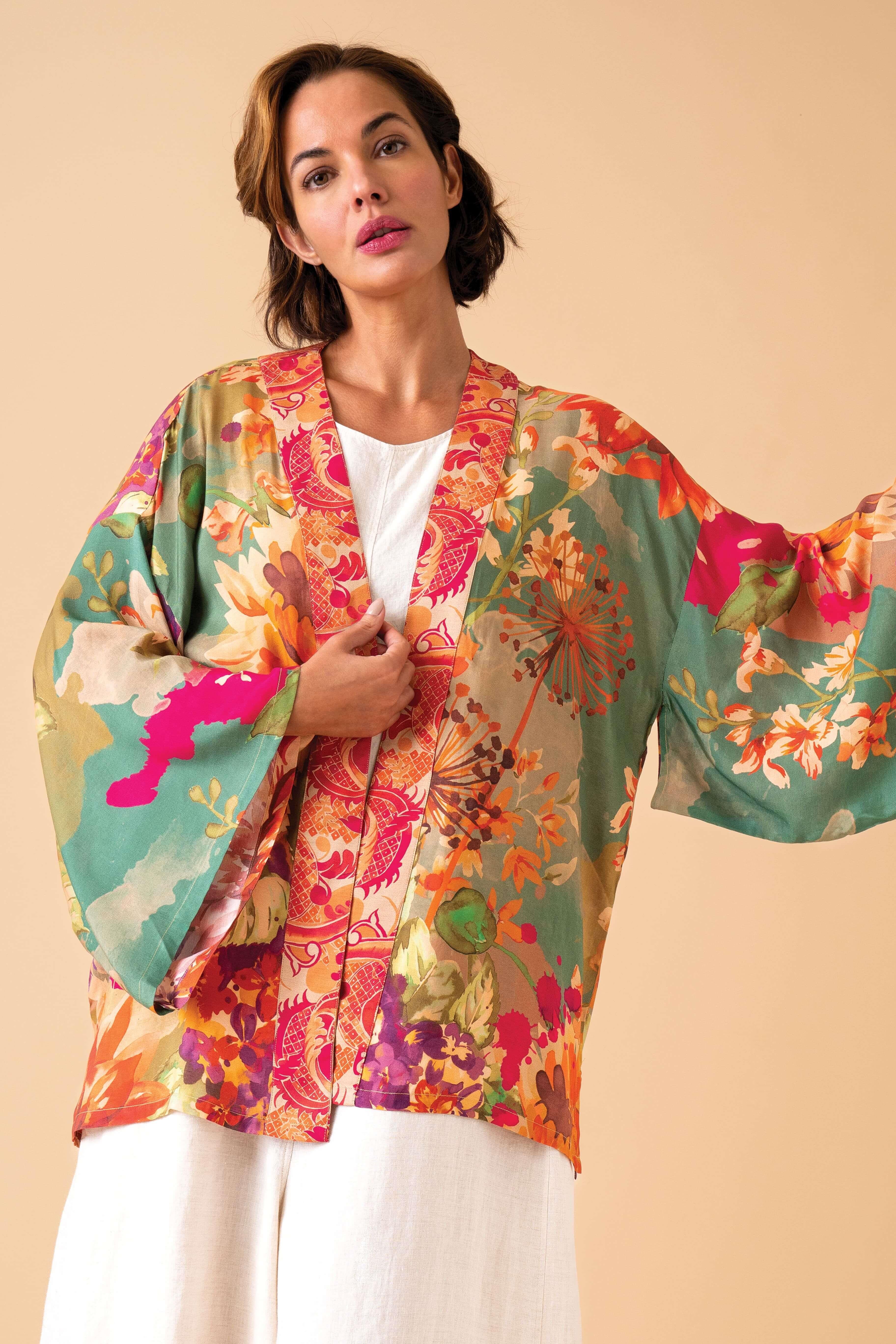 Birds & Blooms Kimono Jacket - Sage