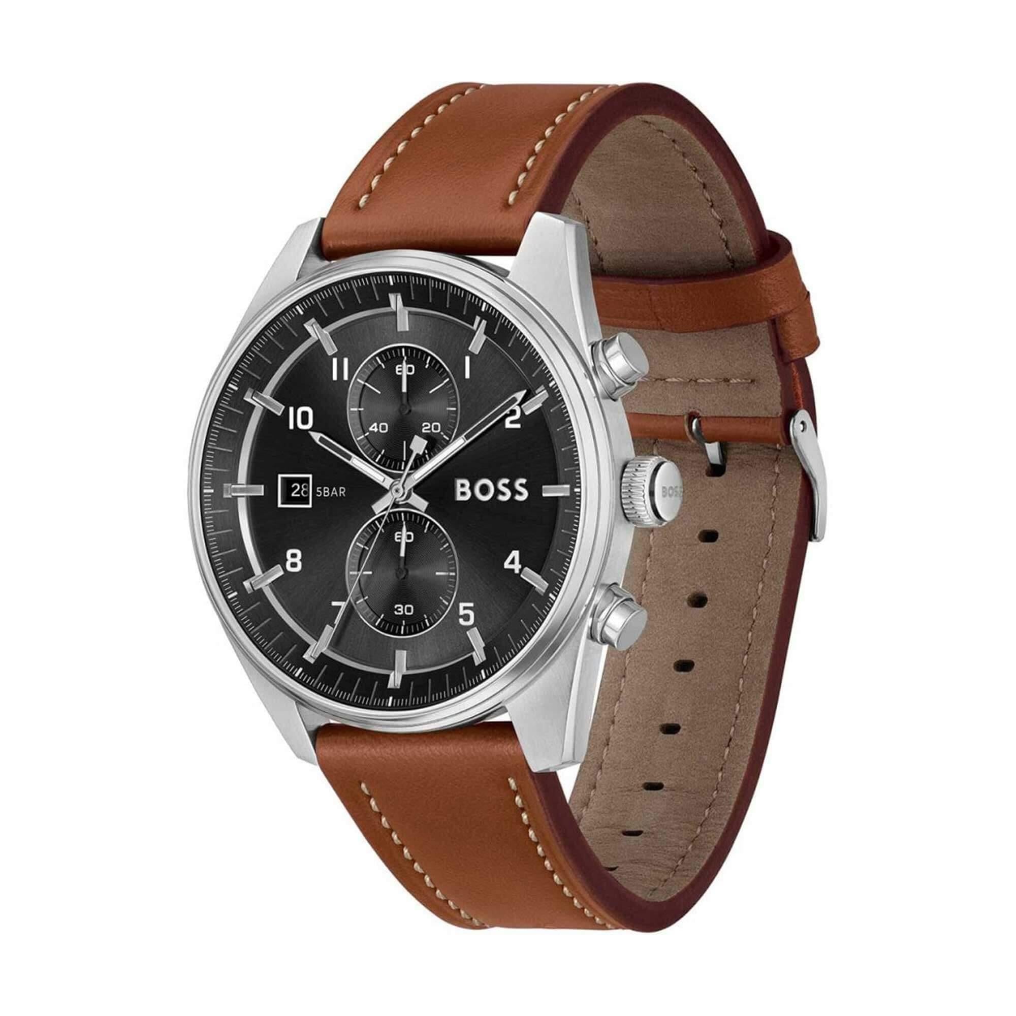 SkyTraveller Black Dial With Brown Leather Strap Mens Watch