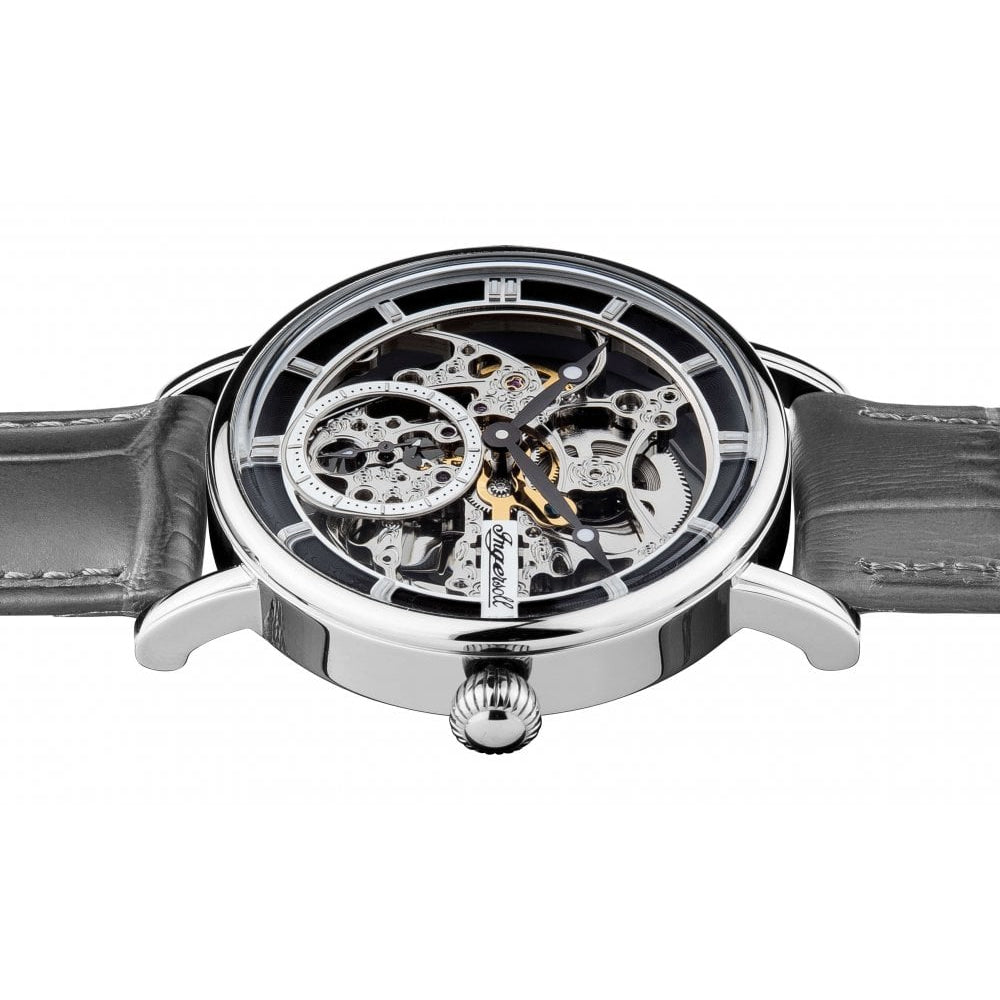 Mens The Herald Automatic Watch with Skeleton Dial and Grey Leather Strap