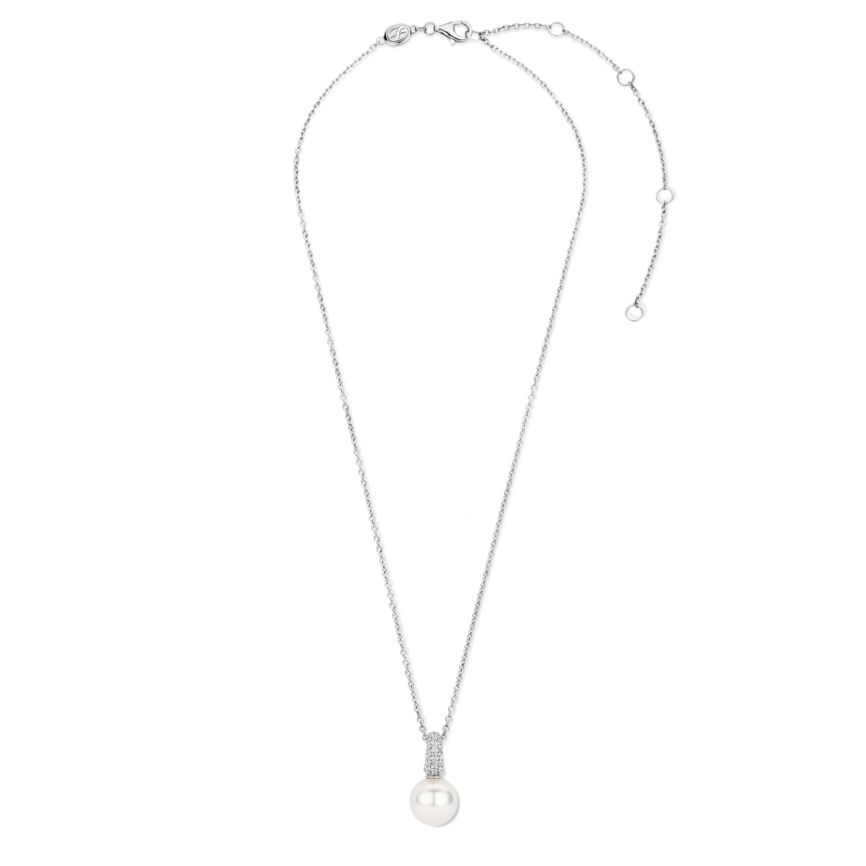 White Pearl With CZ Hook Pendant & Silver Chain Necklace